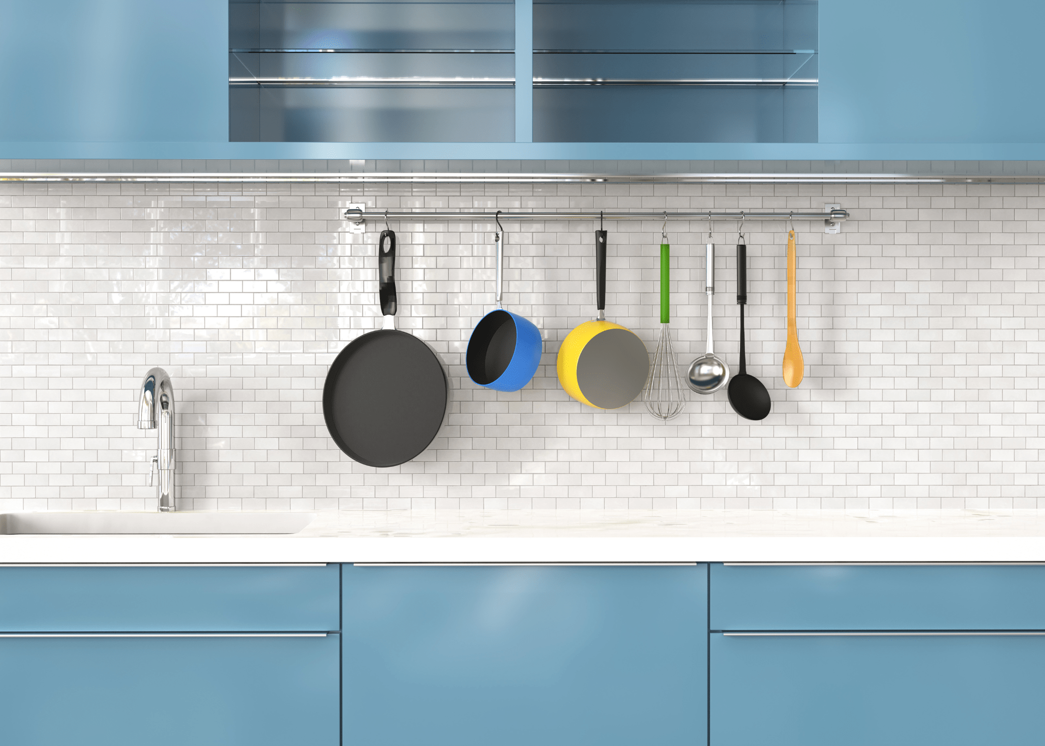 pot rack hanging in blue kitchen