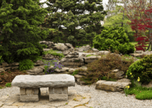 rock garden with out grass and bench