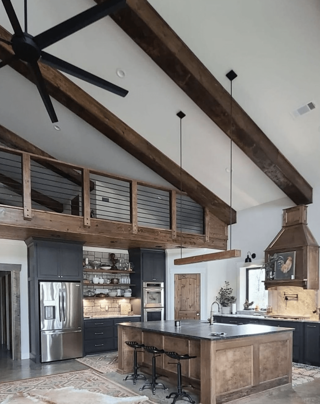 high vaulted ceiling in barndominium kitchen