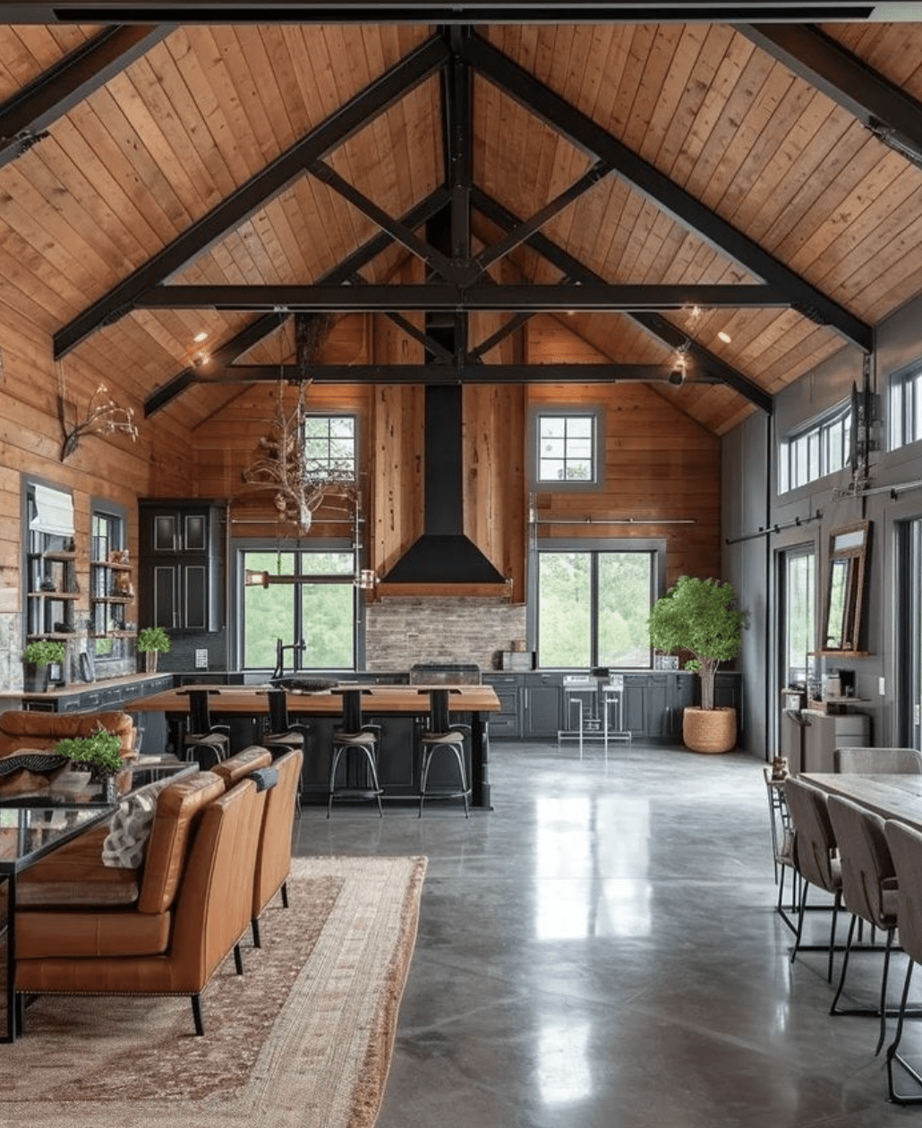 interior of barndominium rustic kitchen open concept