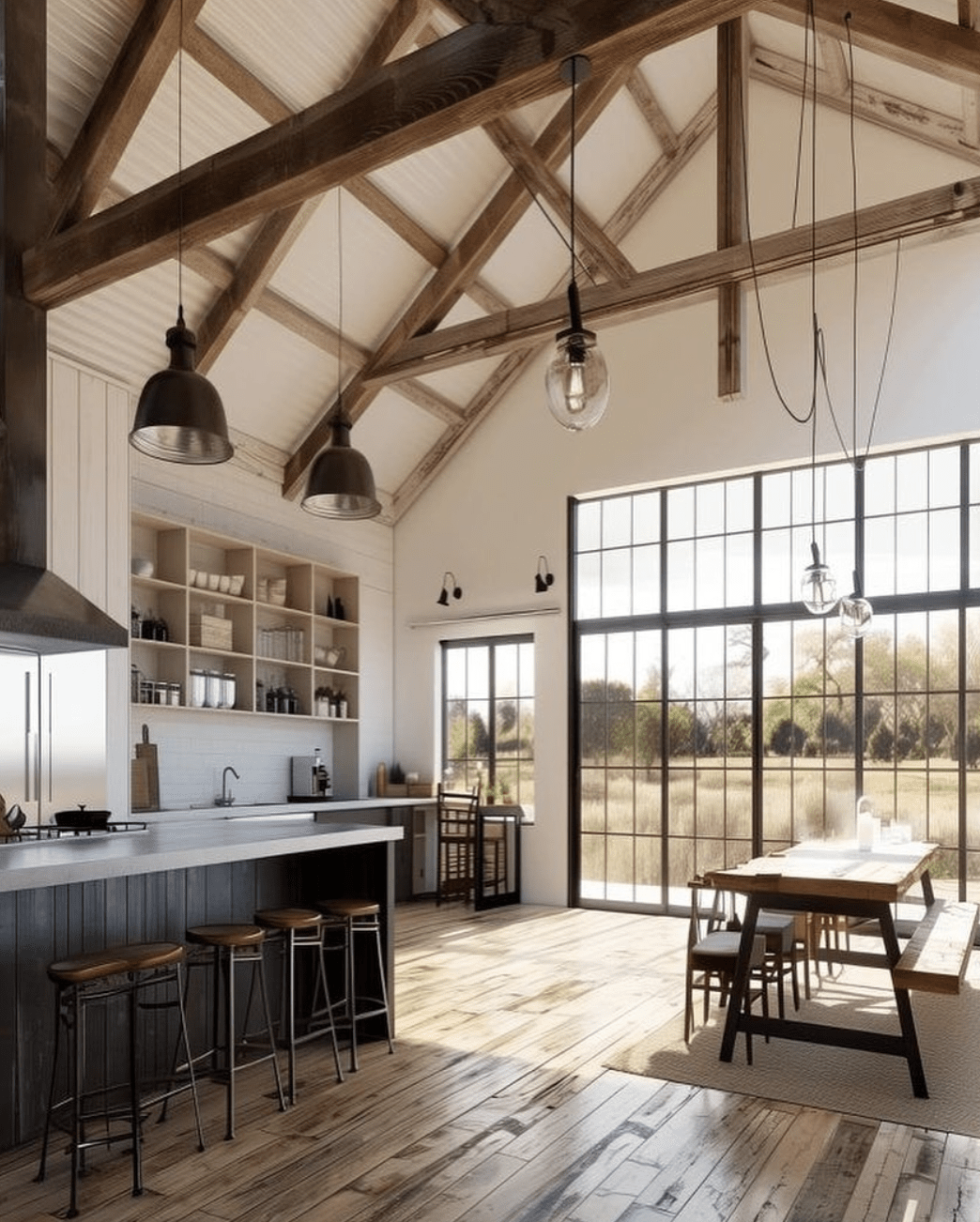 barndominium interior design ideas kitchen with large windows