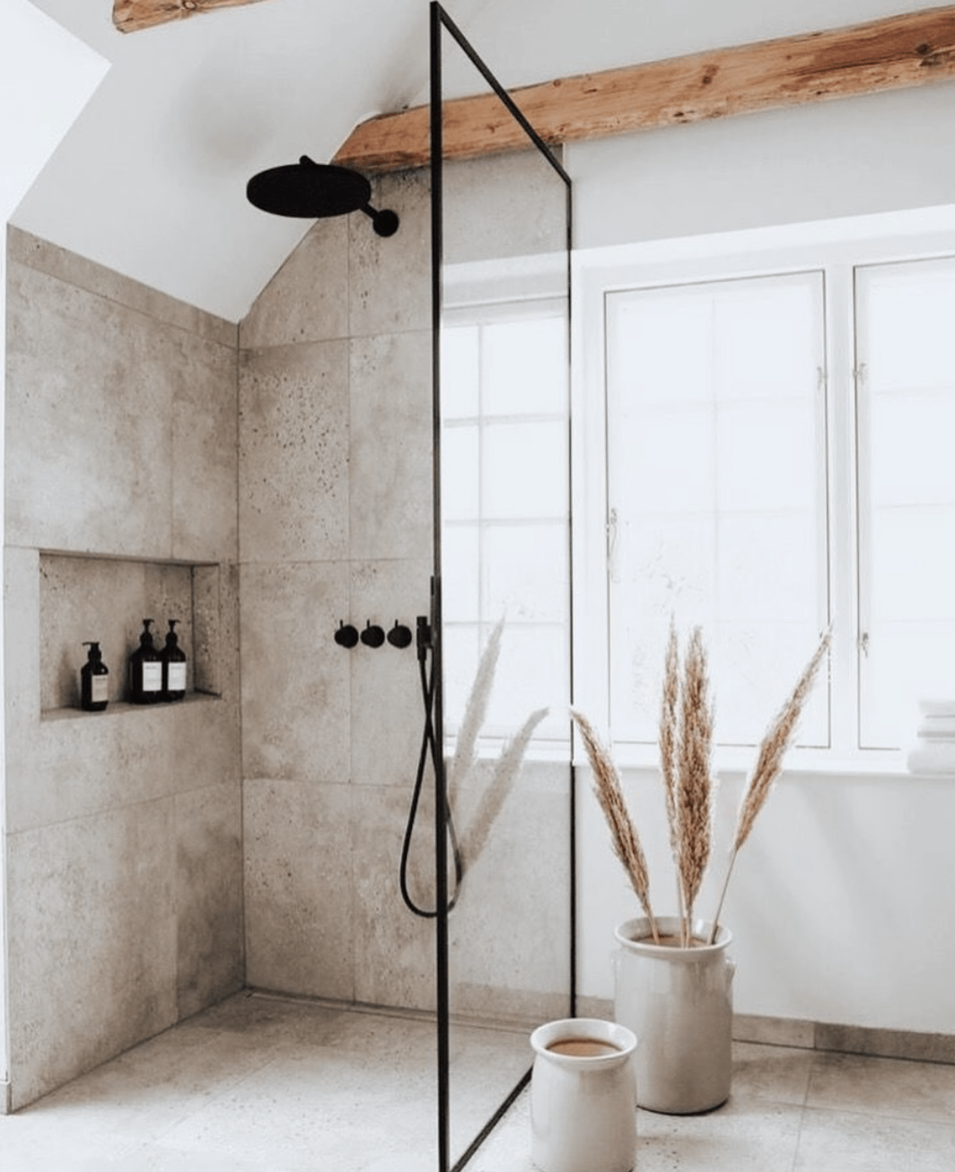 barndominum bathroom design idea open concept shower with rustic beams