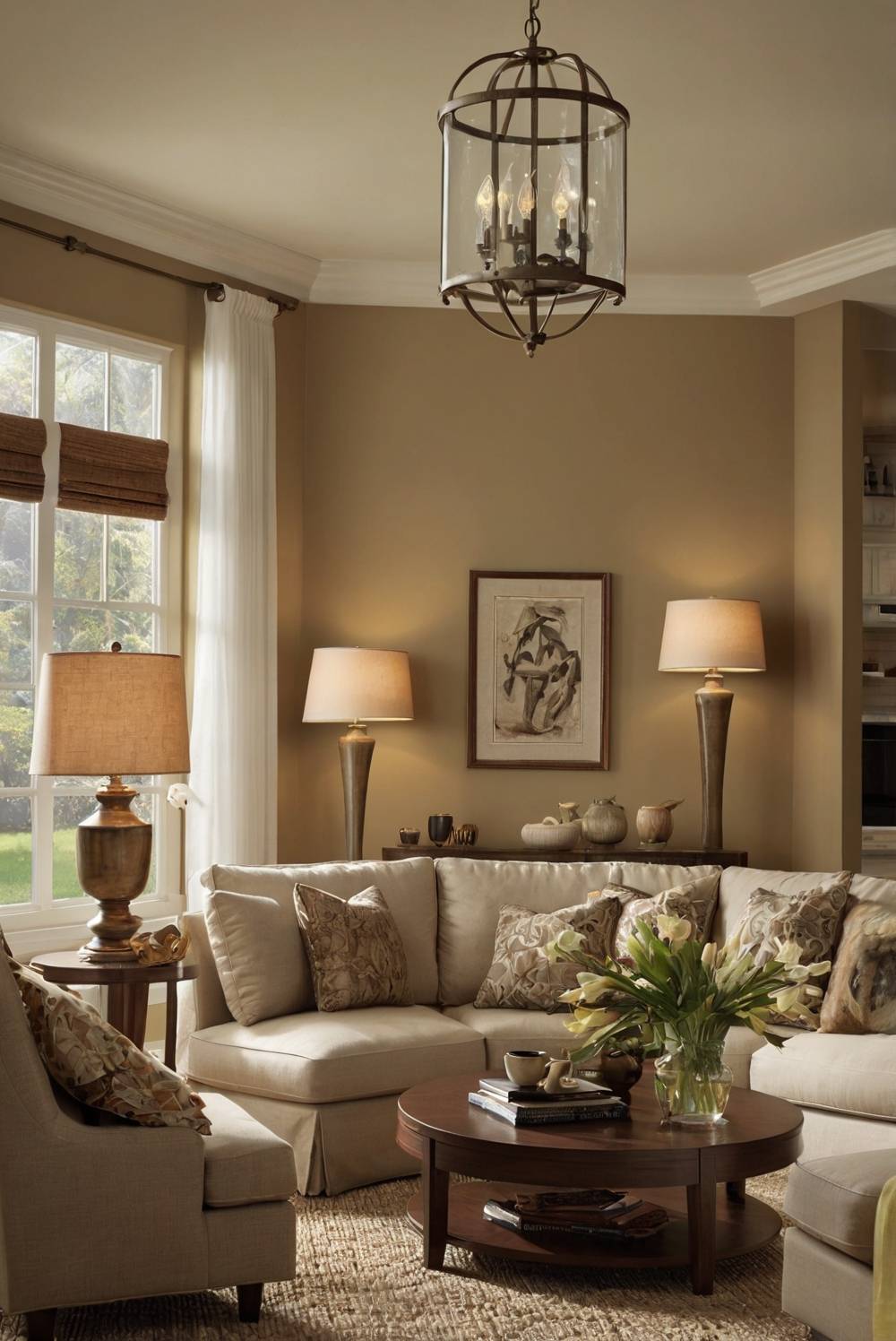 light brown living room with semi circle couch and hanging lantern pendant