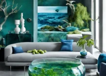 aquatic living room with water filled coffee table green walls