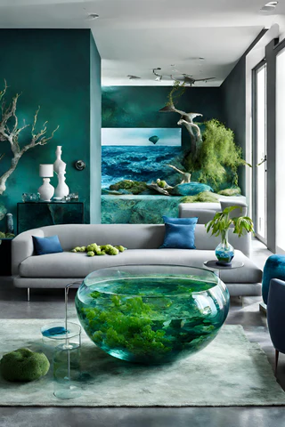 aquatic living room with water filled coffee table green walls