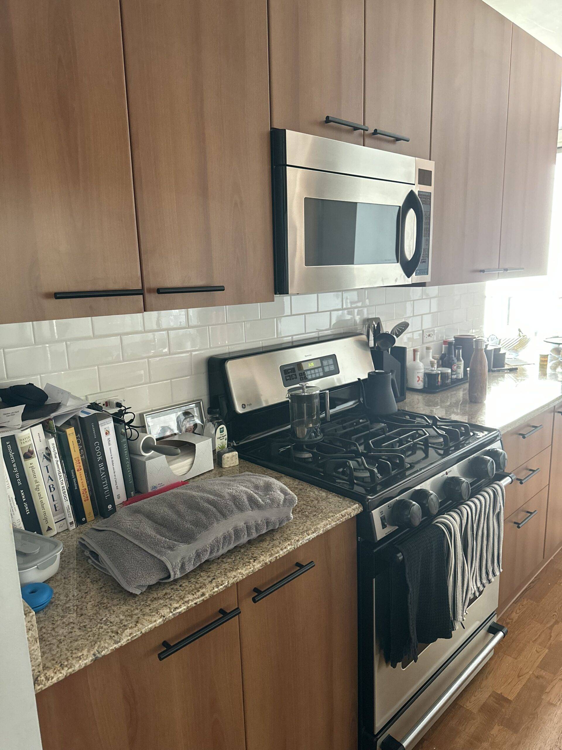 Oven in a small wood kitchen.