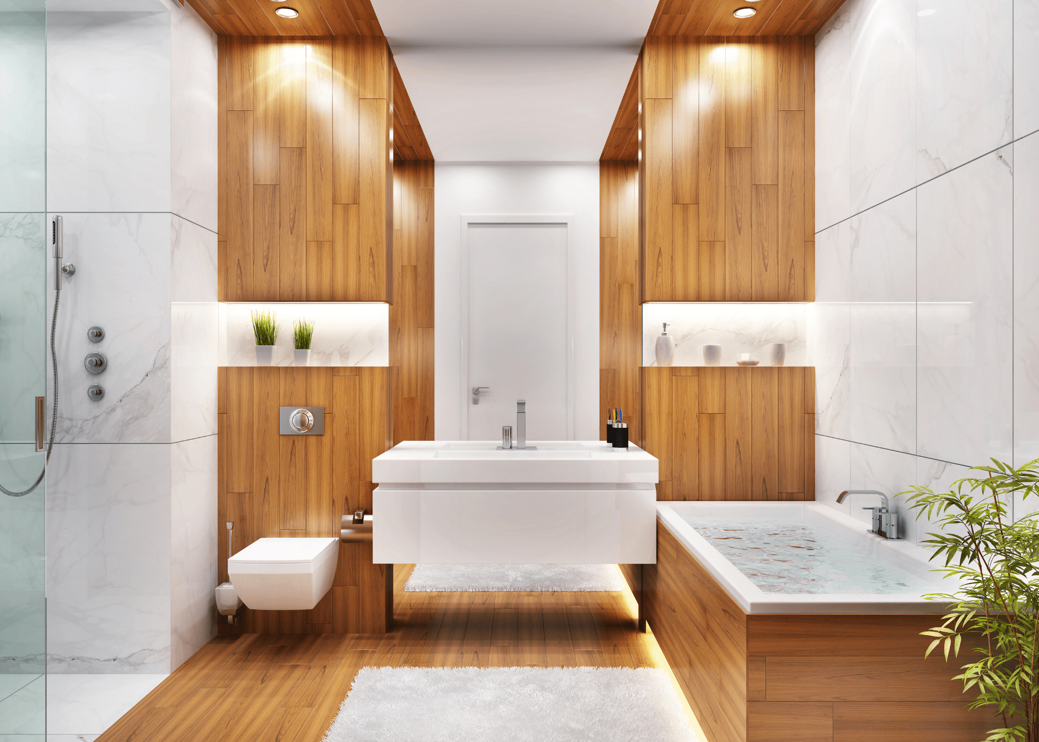 wood panels in bathroom with floating sink