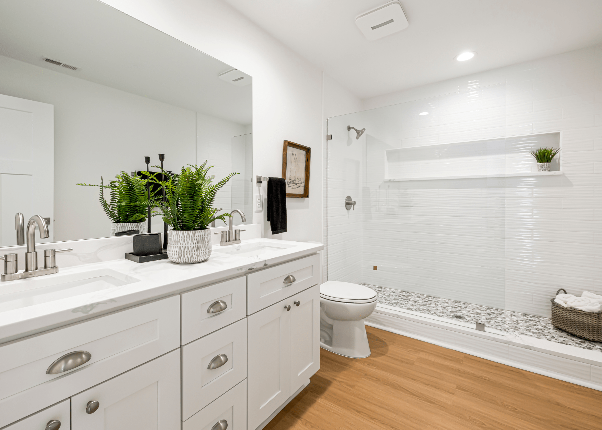 white modern bathroom with walk in shower