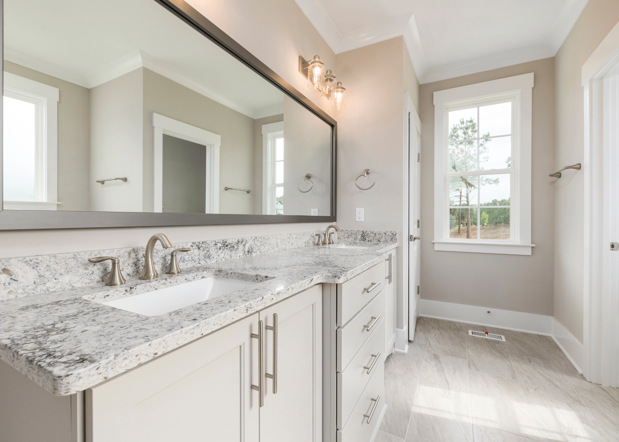 white modern bathroom with grey marble