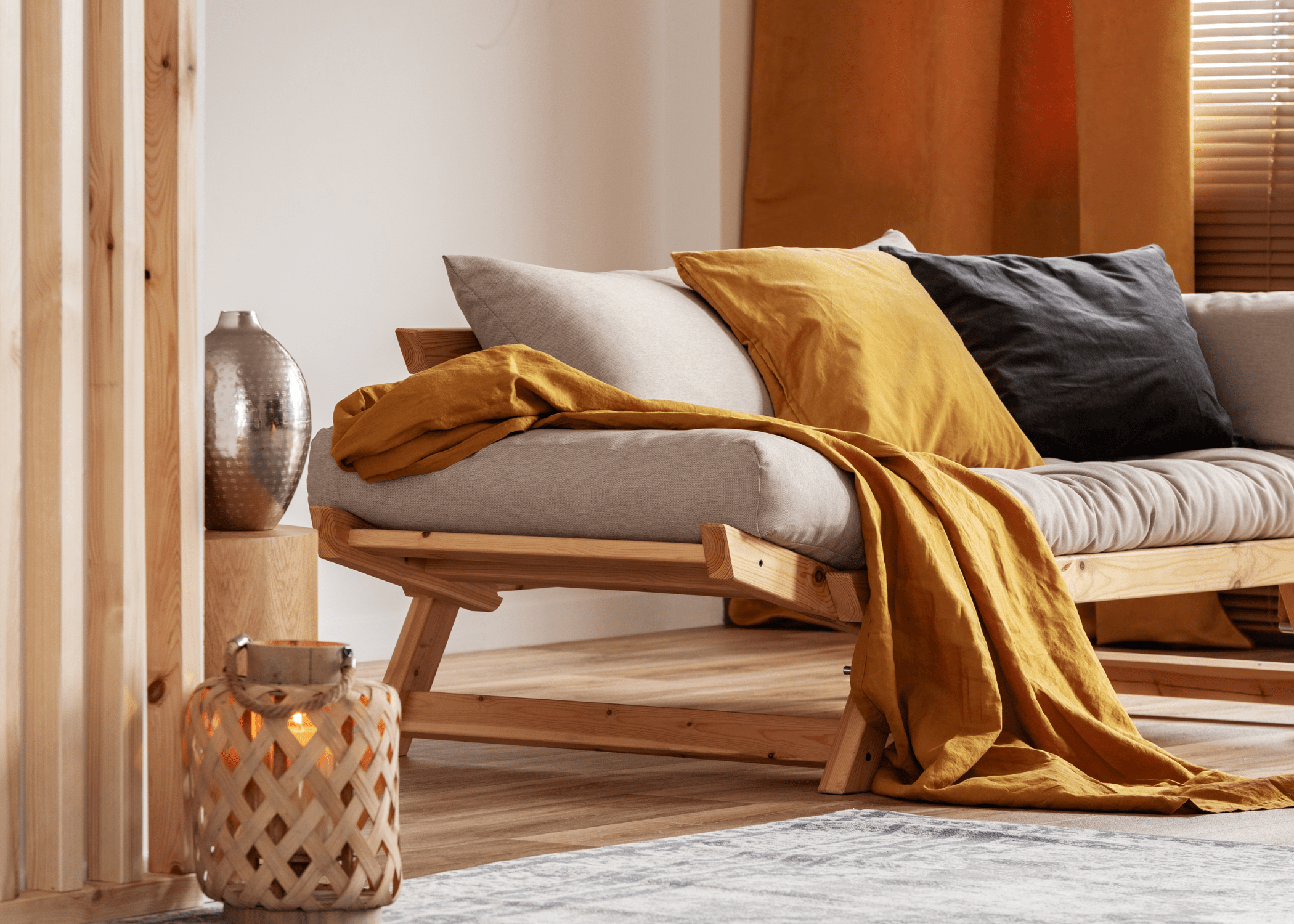 bold mustard furniture wood pillows