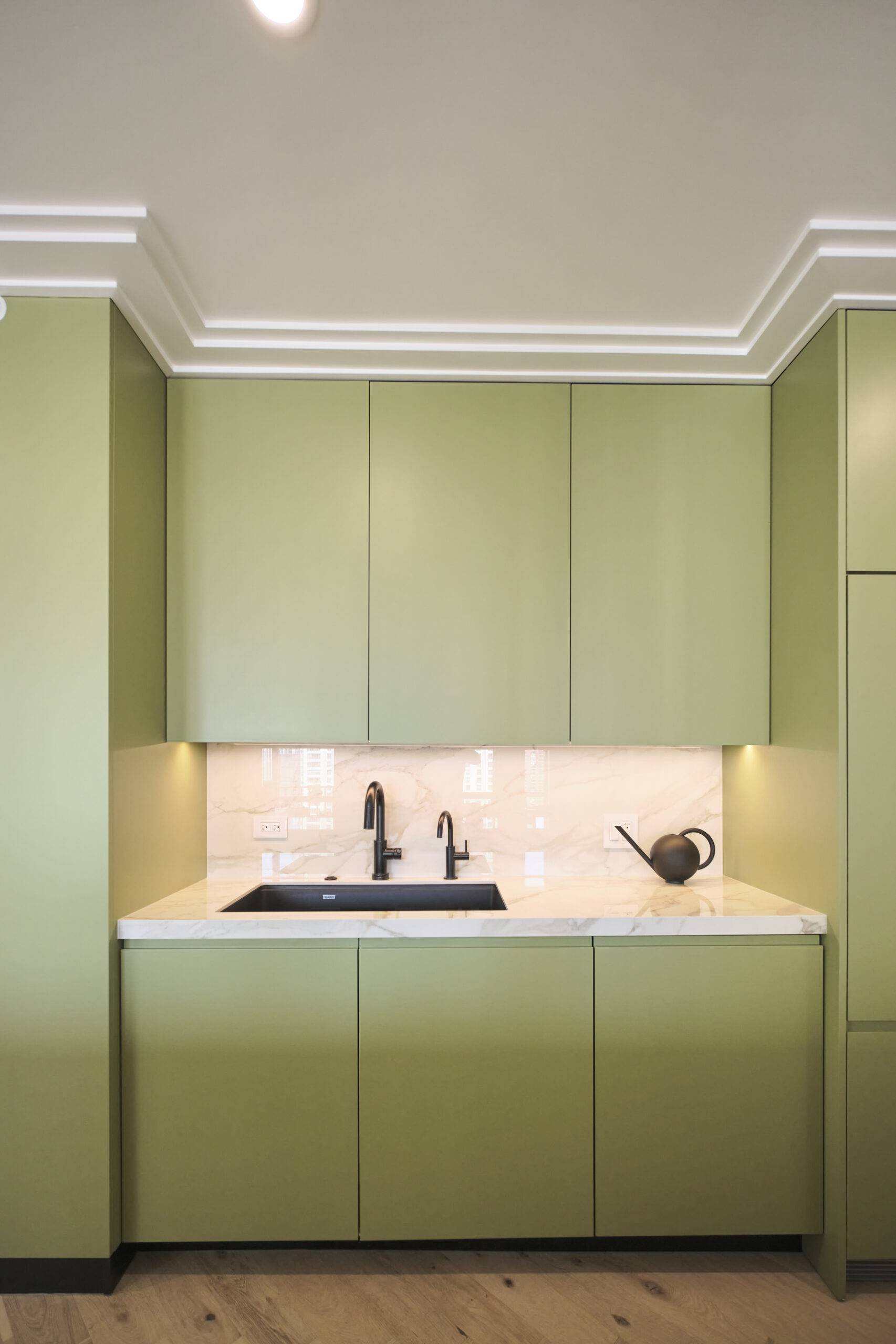 Kitchen counter and sink with sage cabinets.