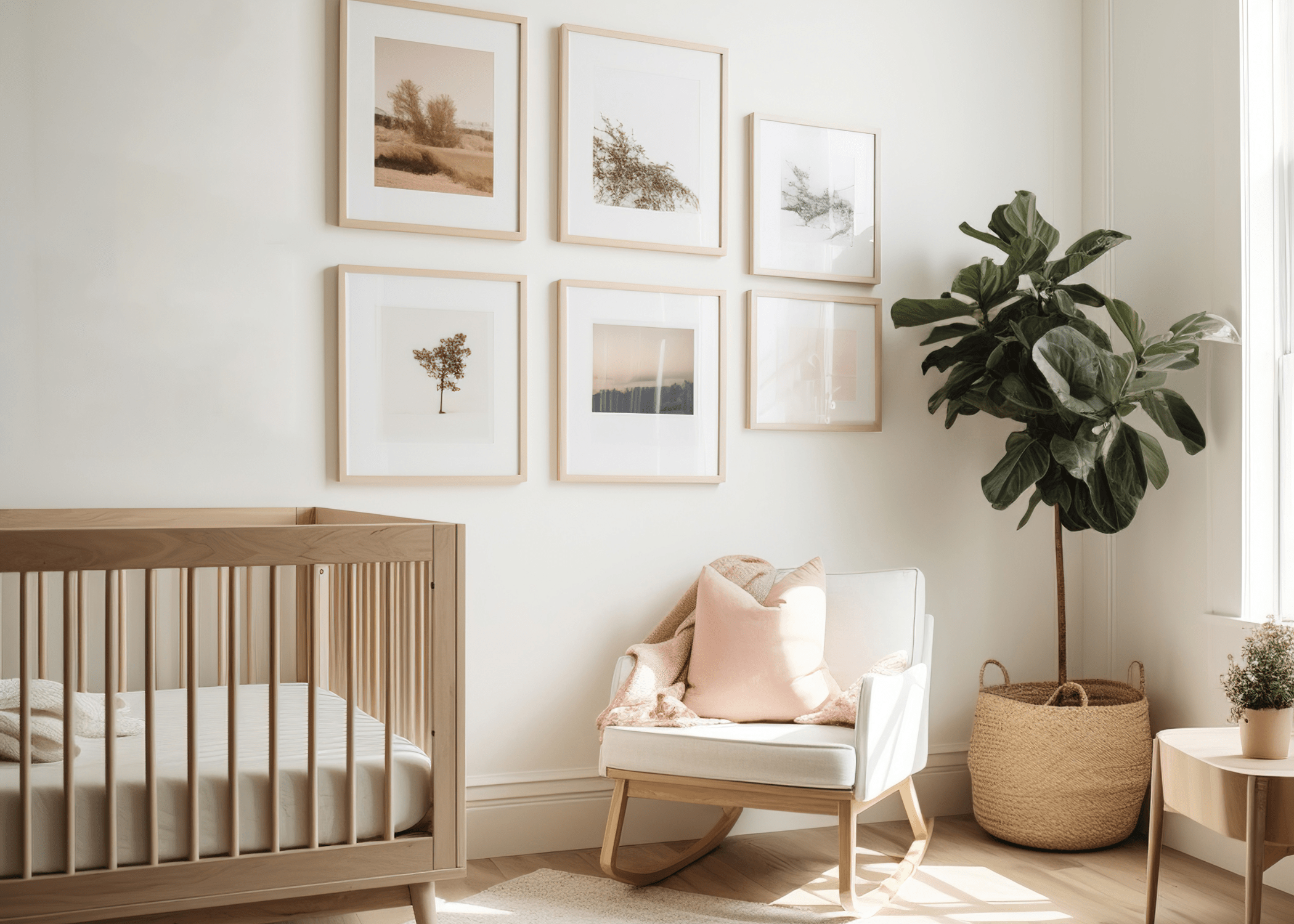 boho nursery with fiddle fig tree, white walls, and white trim.