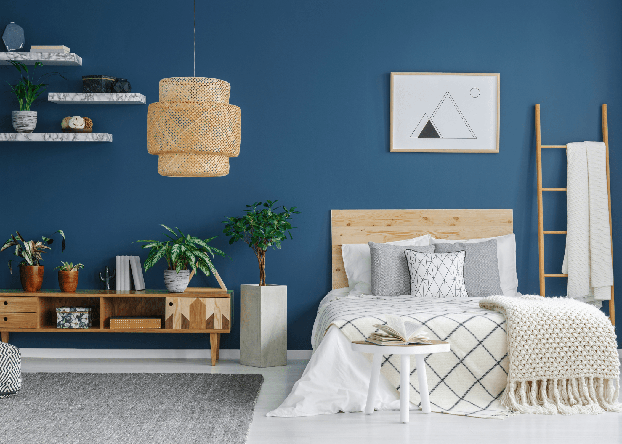 navy blue room bedroom with boho style