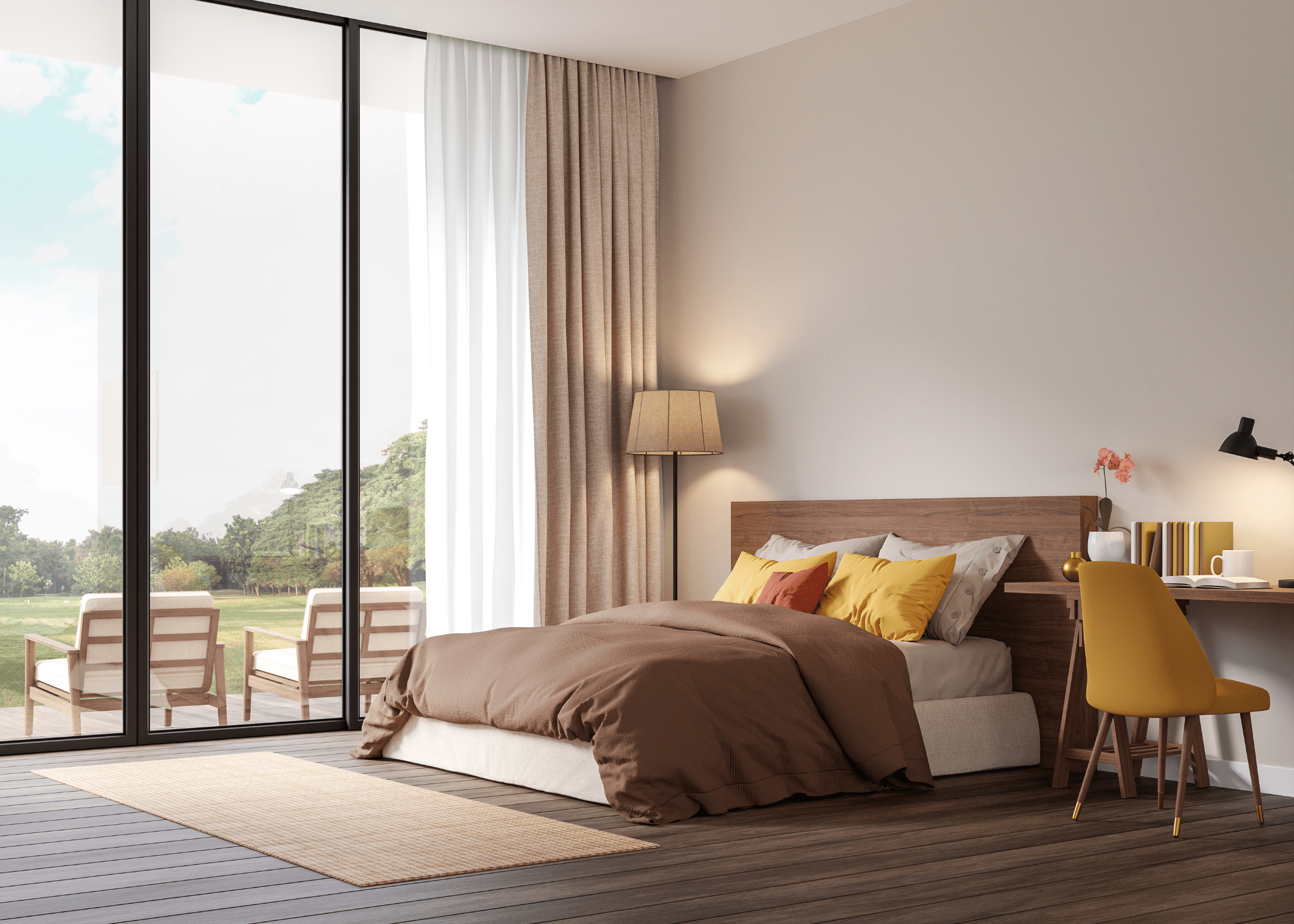 brown neutral bedroom with mustard pillows and chair