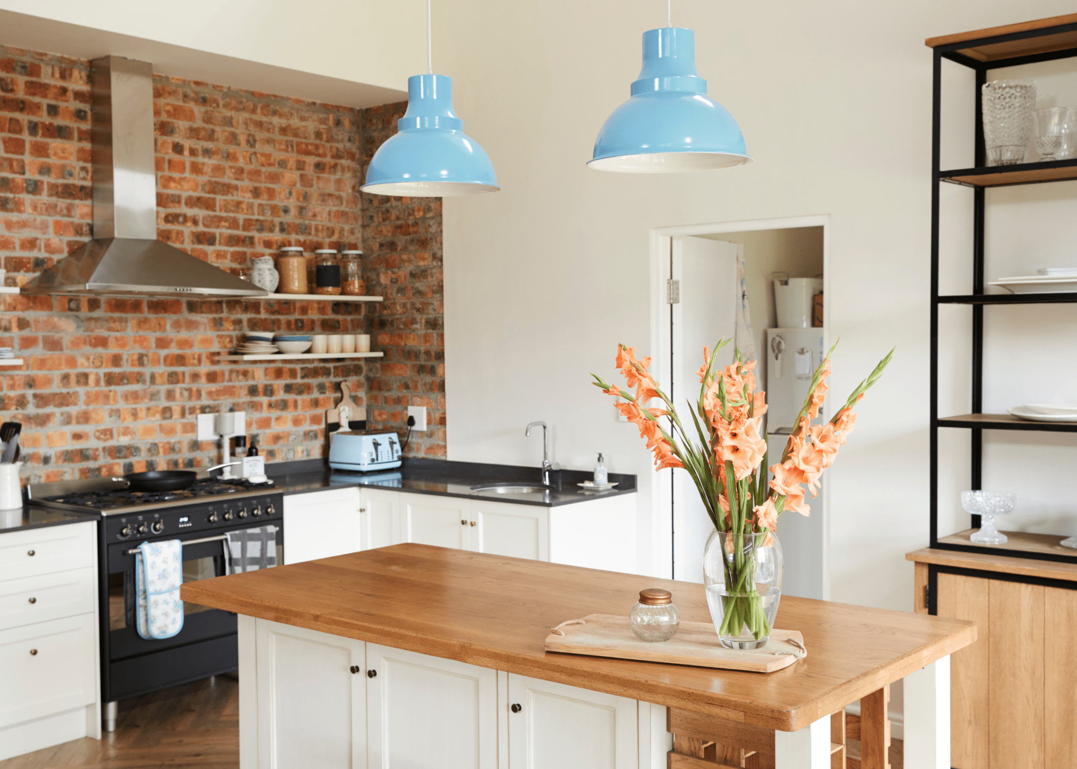 home decor kitchen with blue hanging pendants