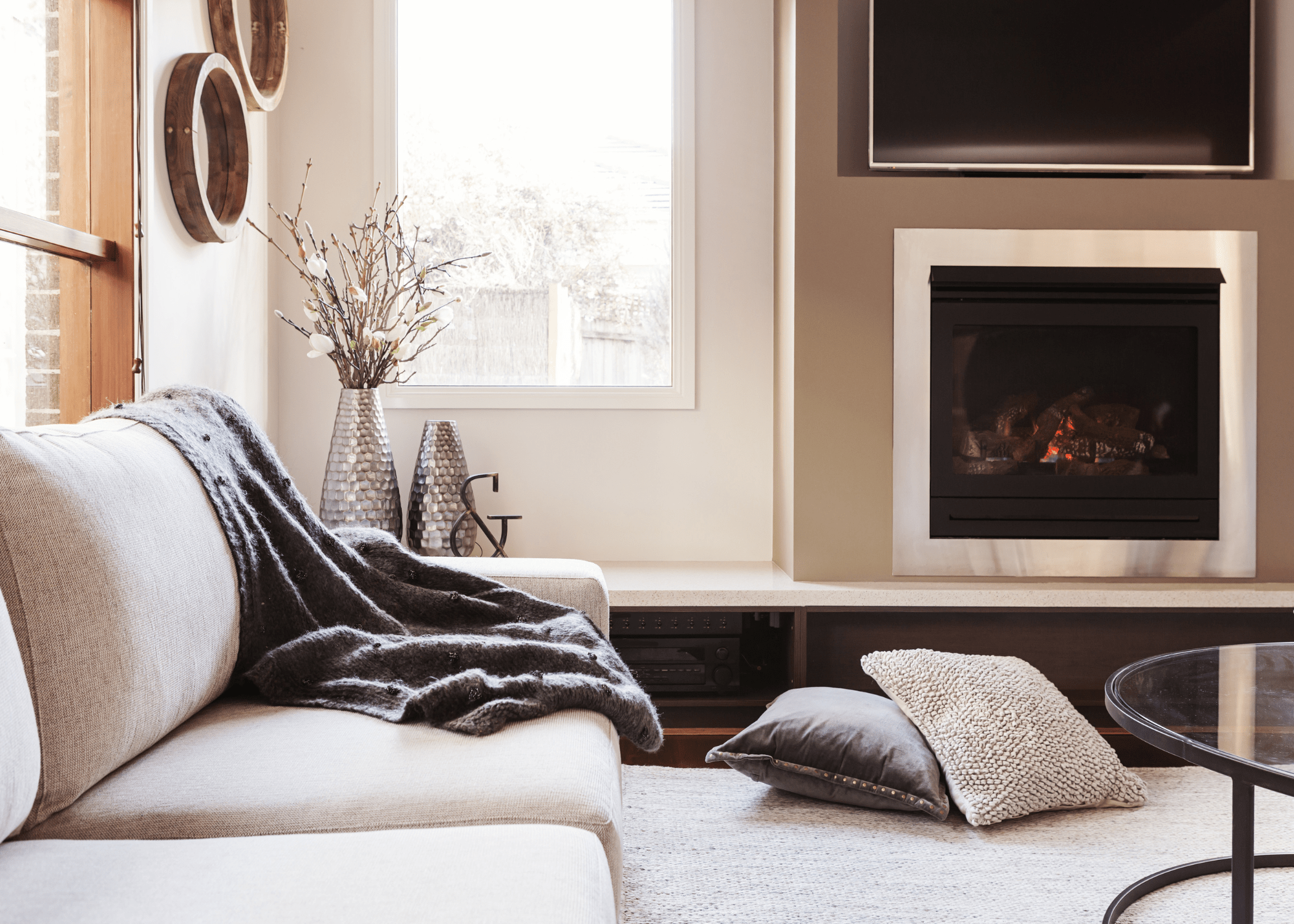 warm beige living room with fireplace