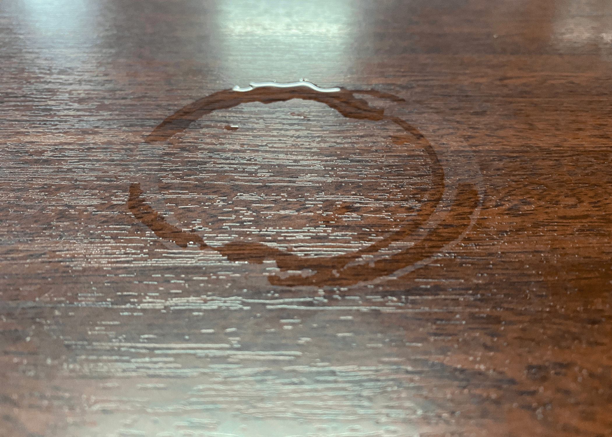 water ring on dark wood table.