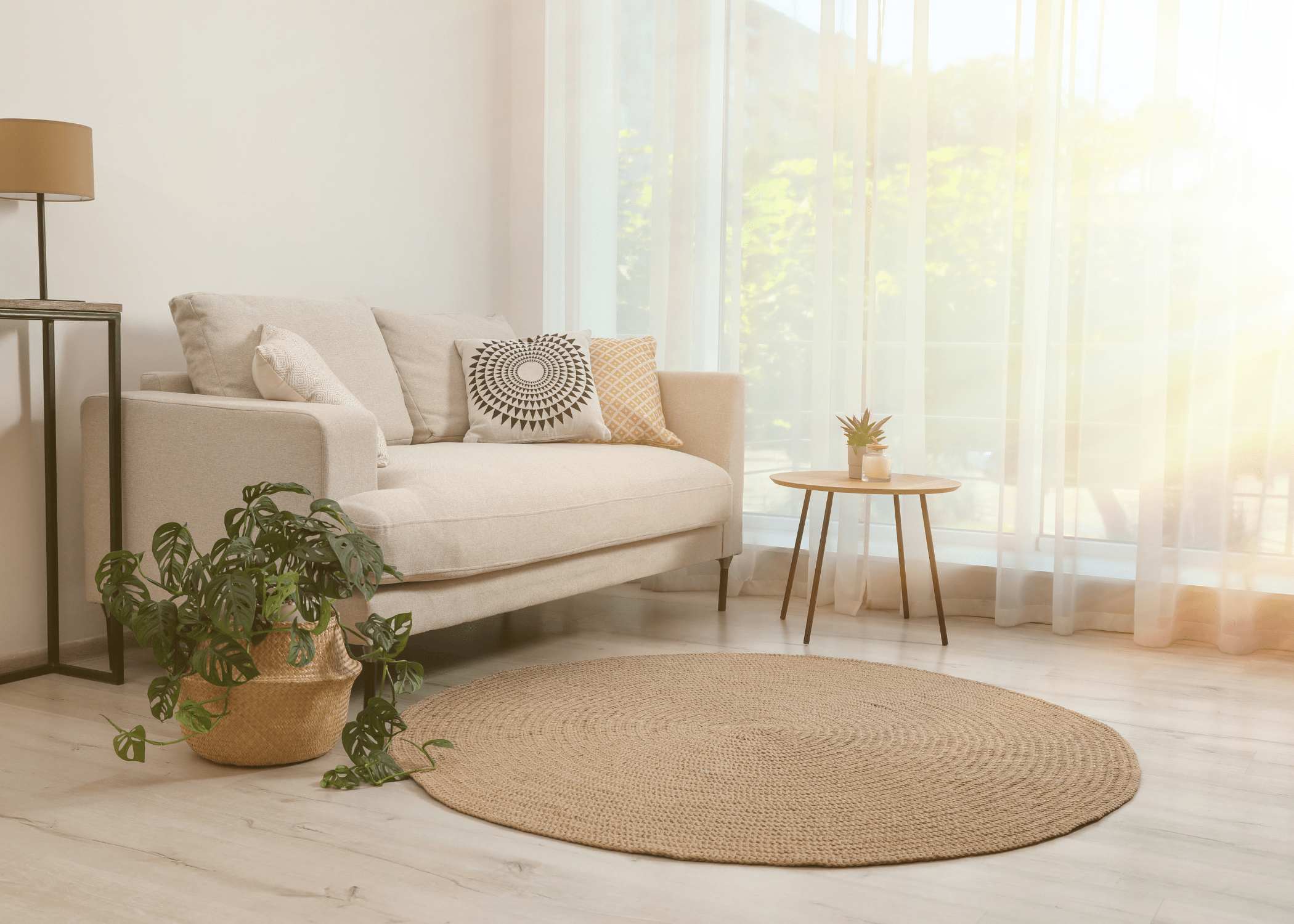 small round jute rug with white couch