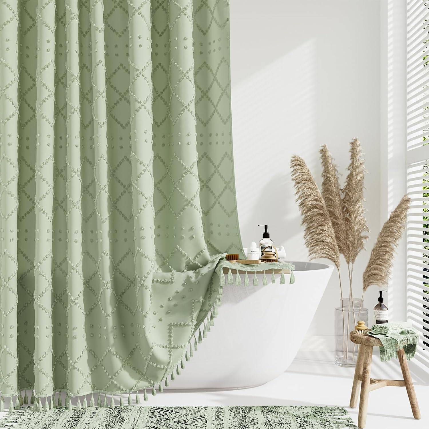 sage green fabric shower curtain