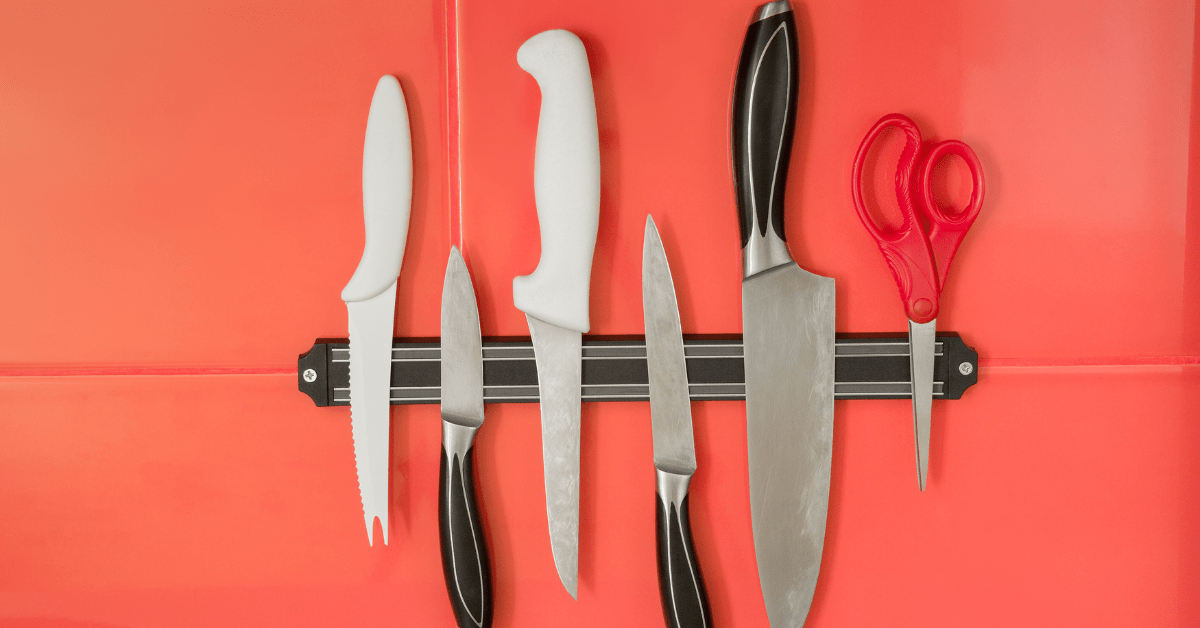 Magnetic knife storage on wall.