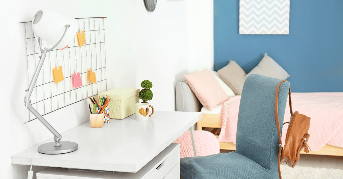 Bedroom with work desk.