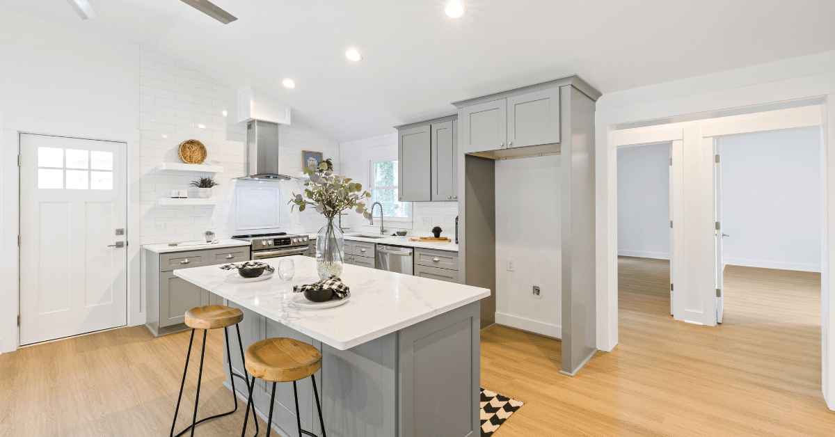 Tall plant on kitchen island.