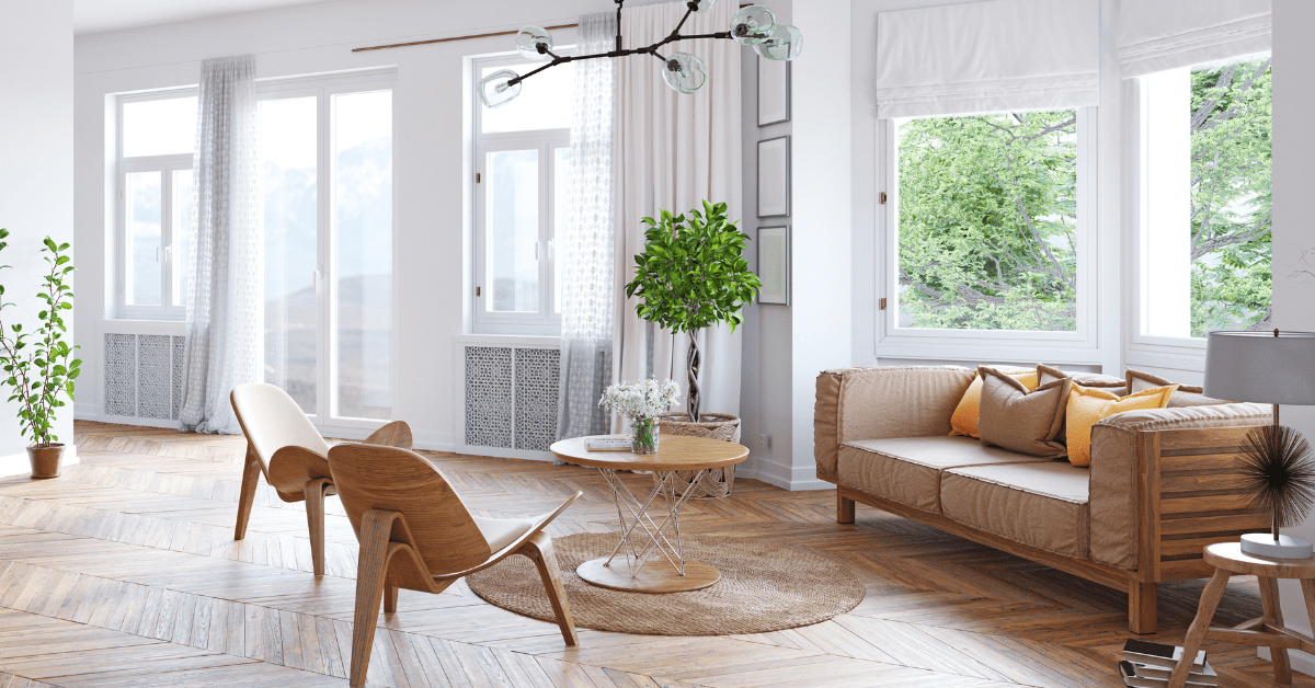 Airy living room with earthy-colored furniture.