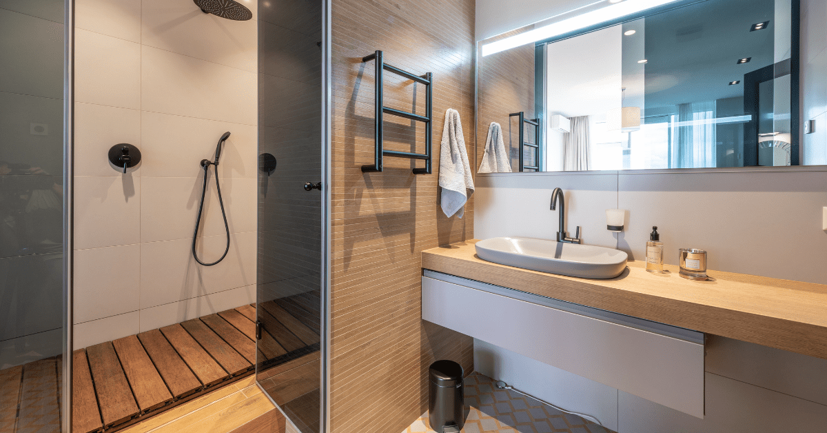 Wooden bathroom with soft lights.