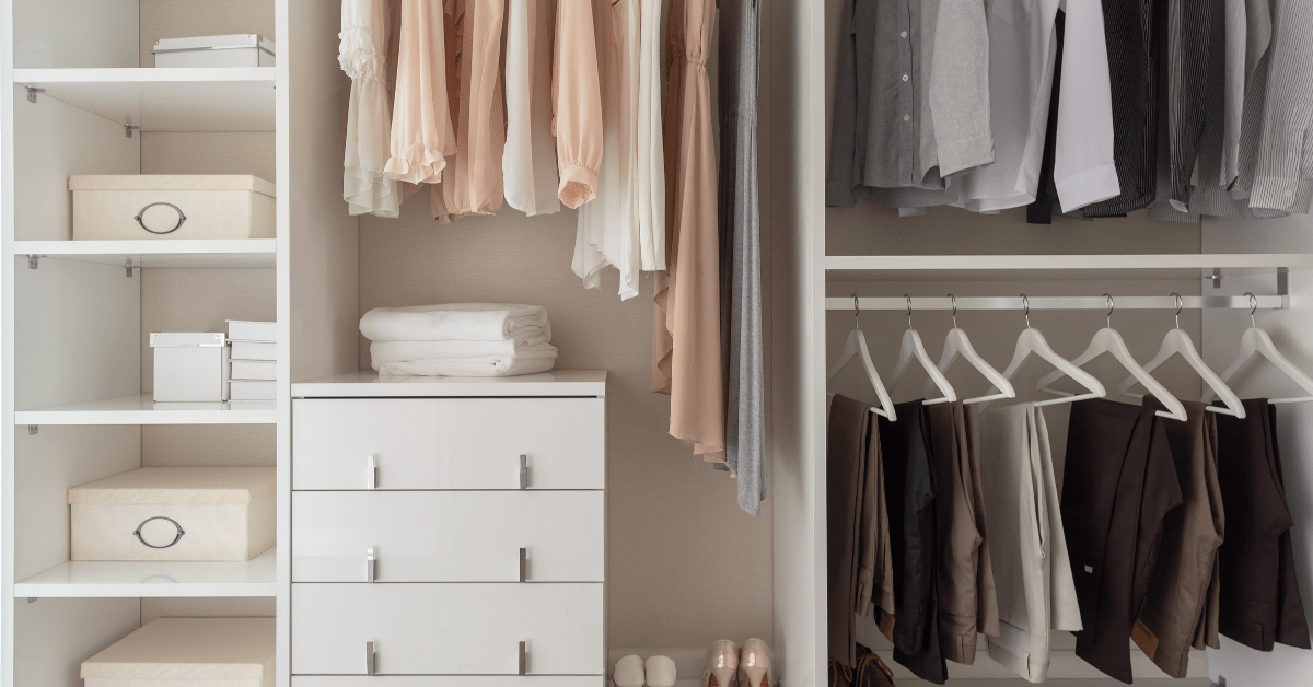 Closet wall with small dresser.