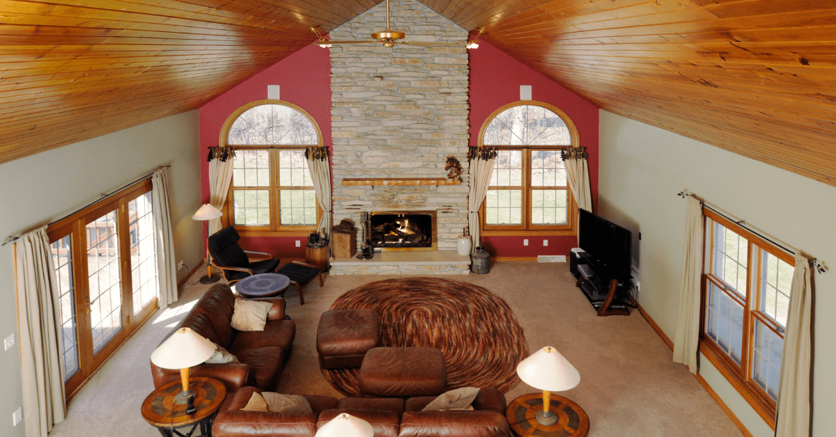 Wooden ceiling tongue and groove.