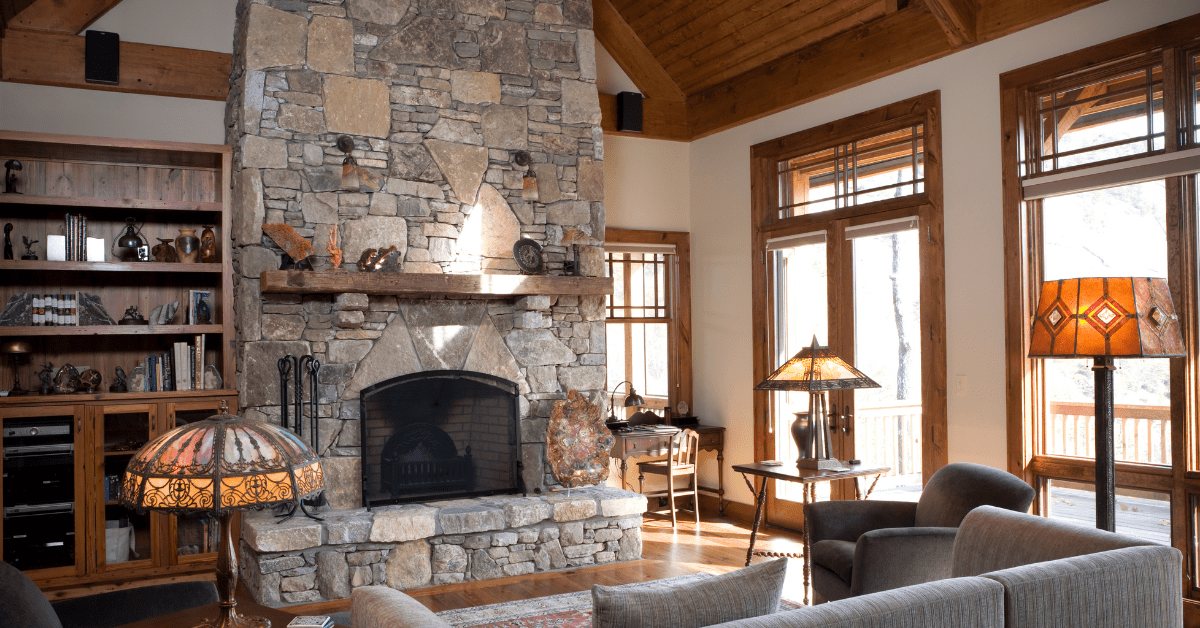 Stone fireplace that reaches the ceiling.