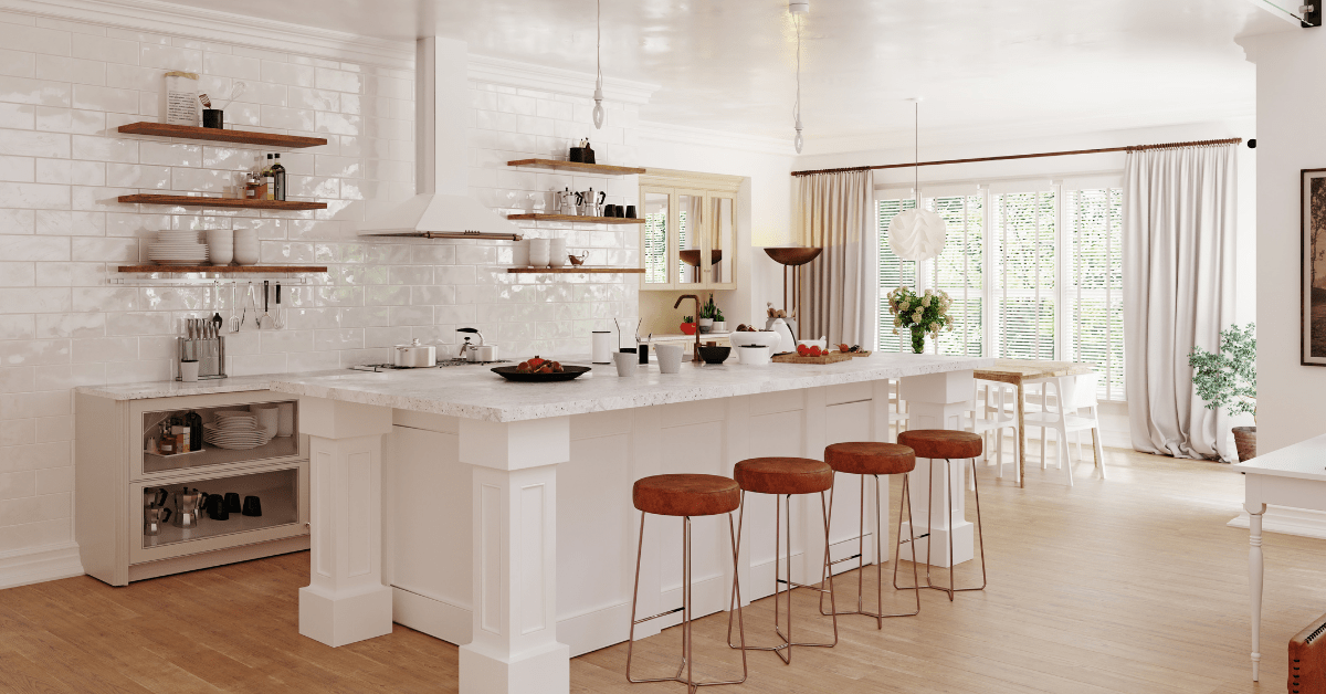 Cluttered kitchen island.