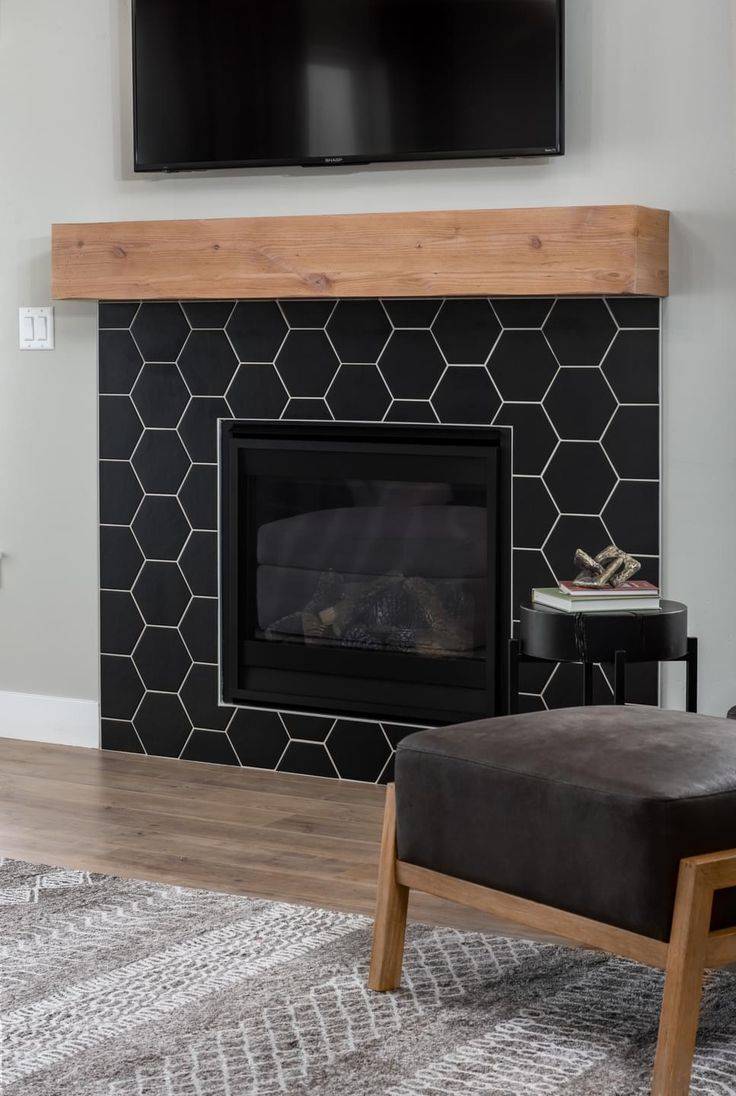 Black and white fireplace tiles.