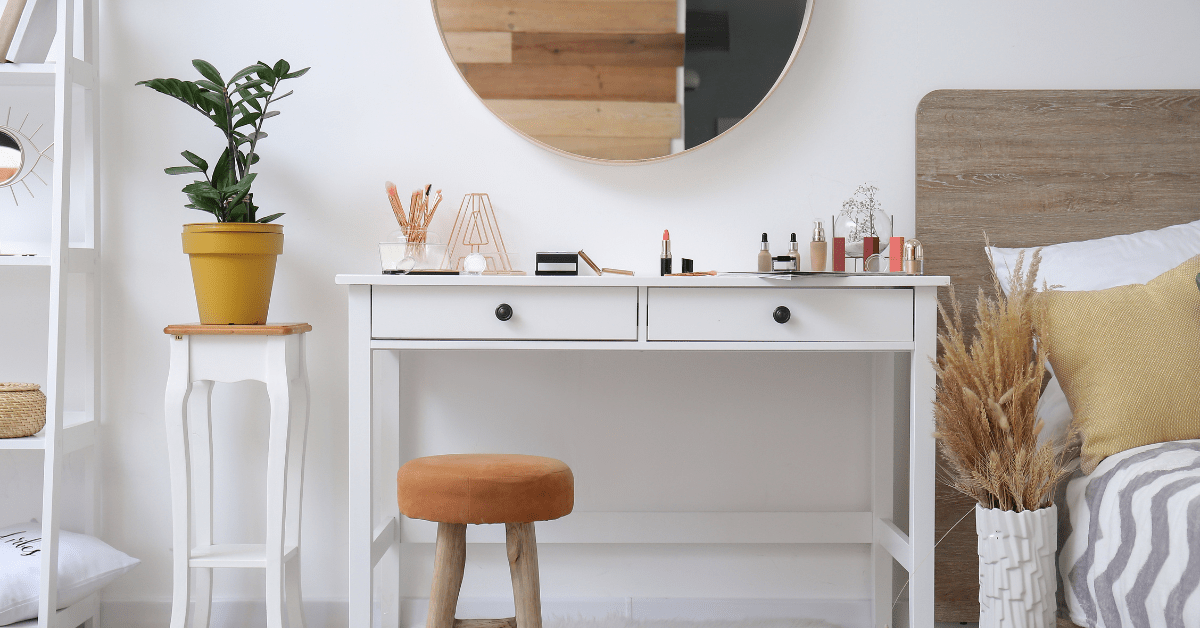 Makeup vanity in a bedroom.