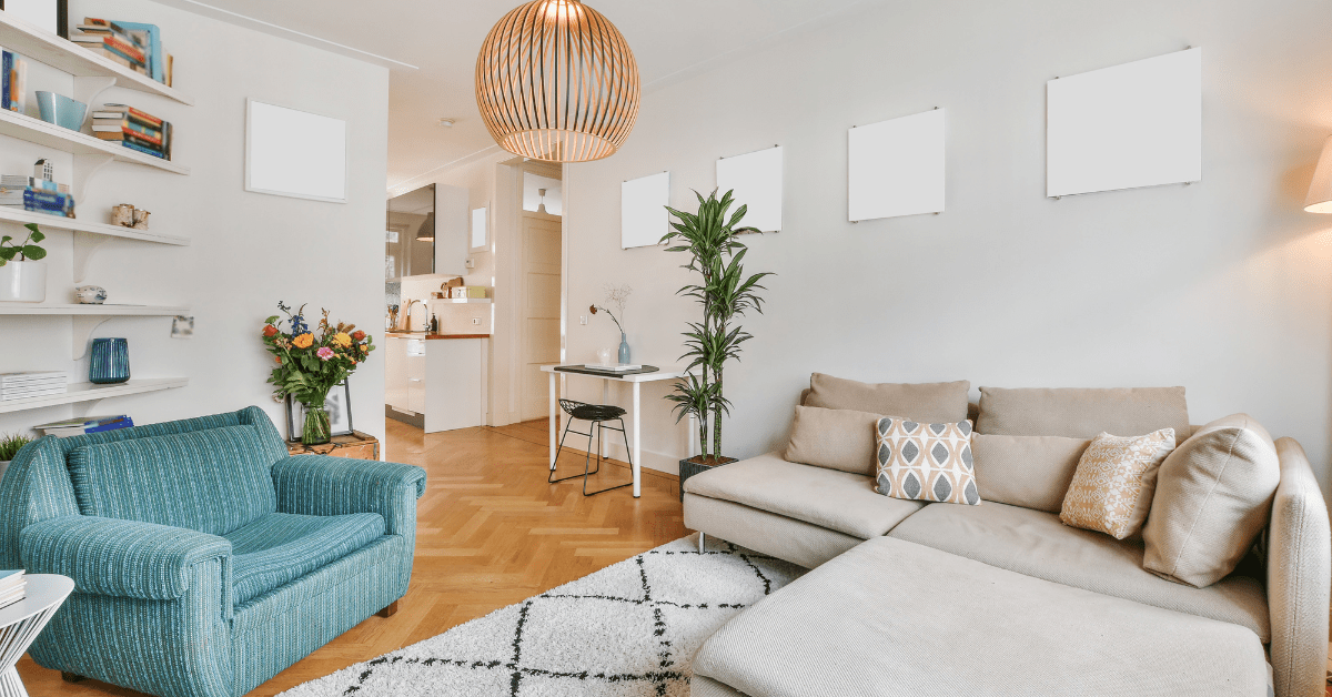 Transitional style living room with unique lighting fixture.