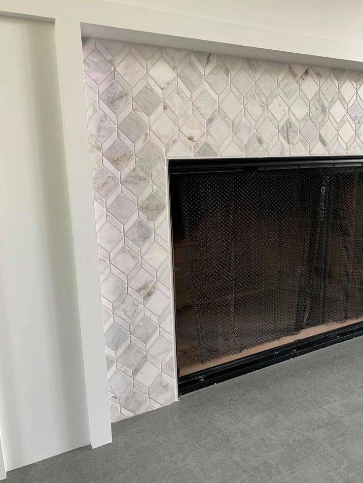 Fireplace with tile.