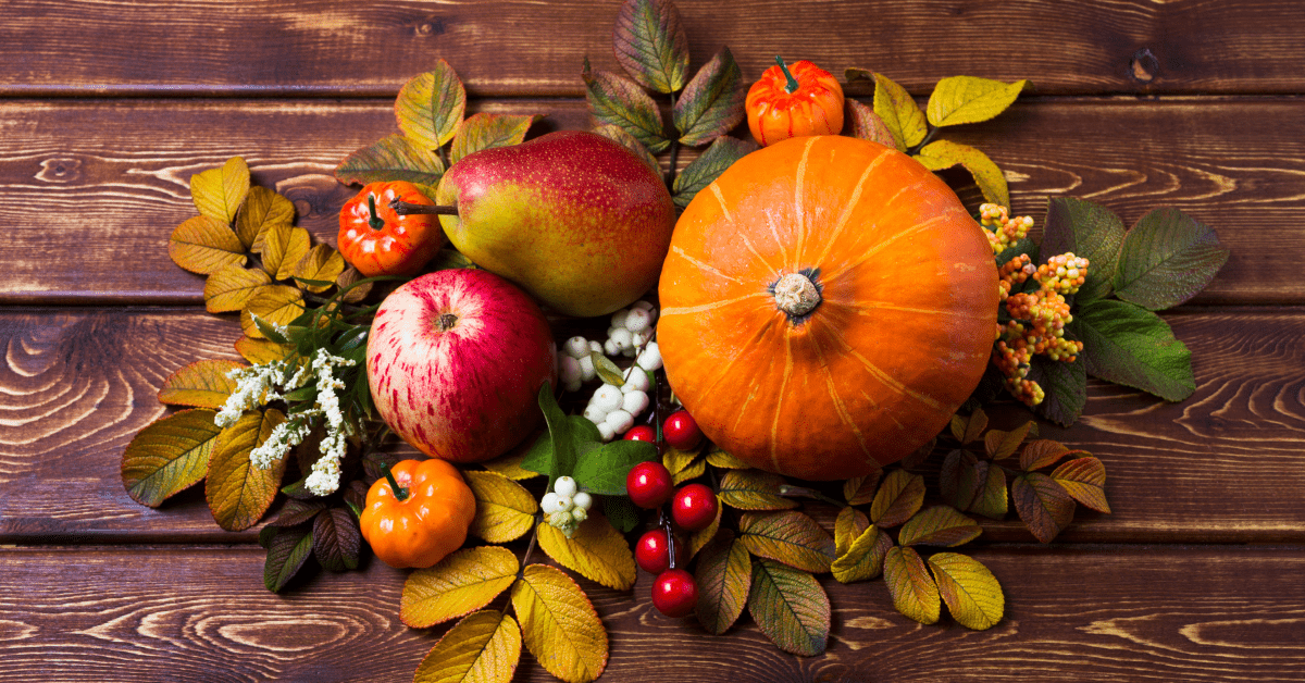 Assortment of fall fruit as a table centerpiece.