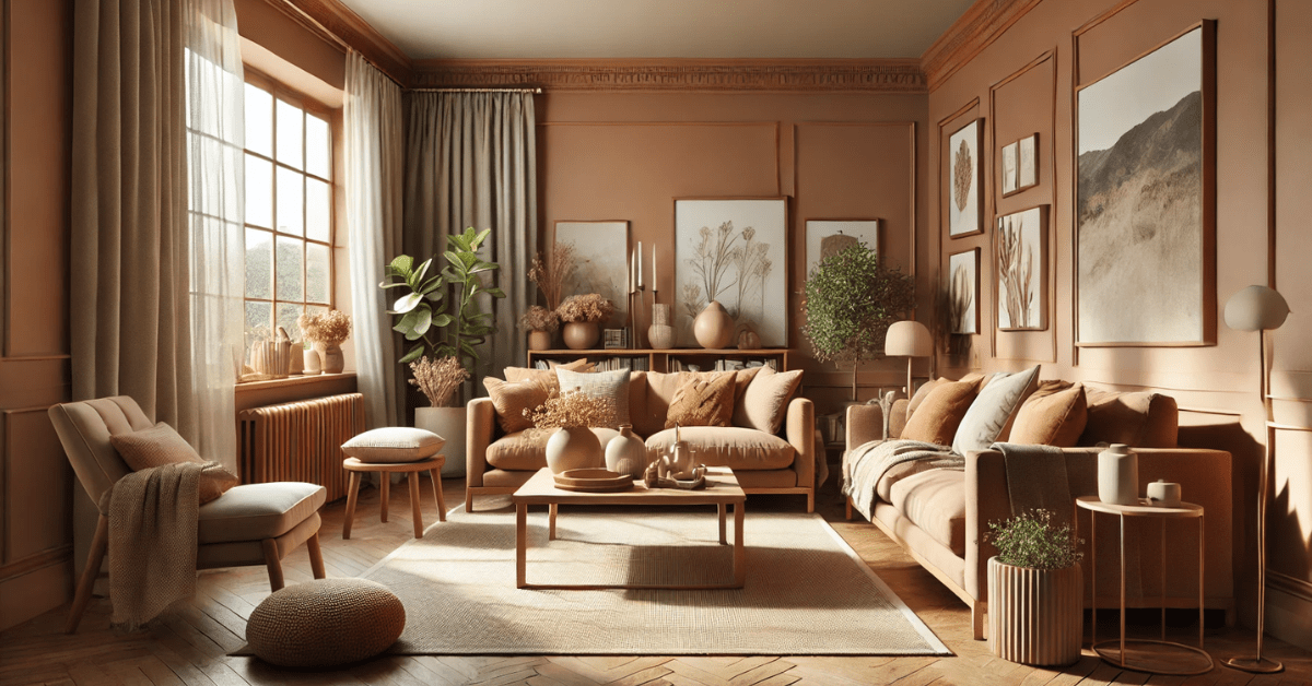 A modern living room with a cozy clay colored wall paint.