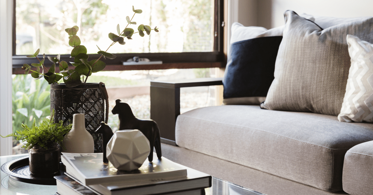 Book arrangement on a coffee table.