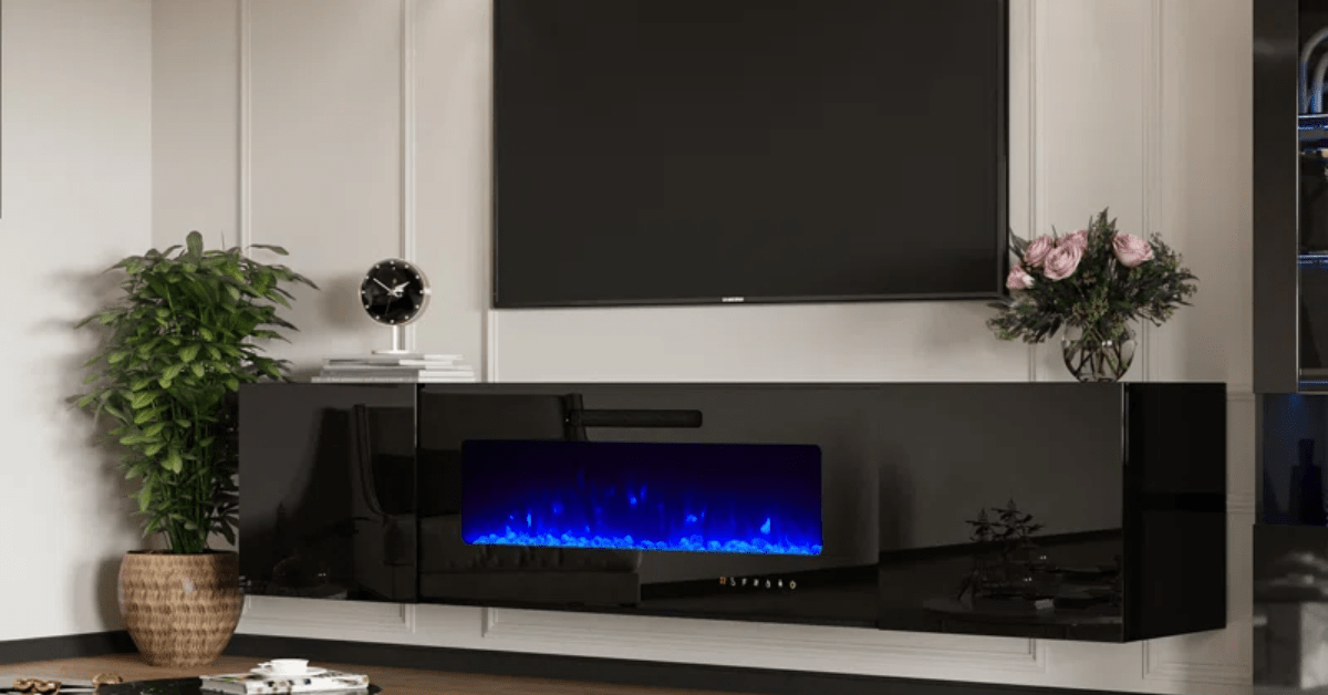 Floating fireplace under TV.