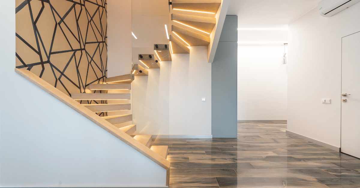 Staircase light up with LED strips under each step.