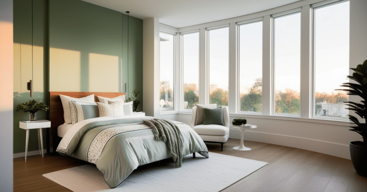 Sage and white bedroom.