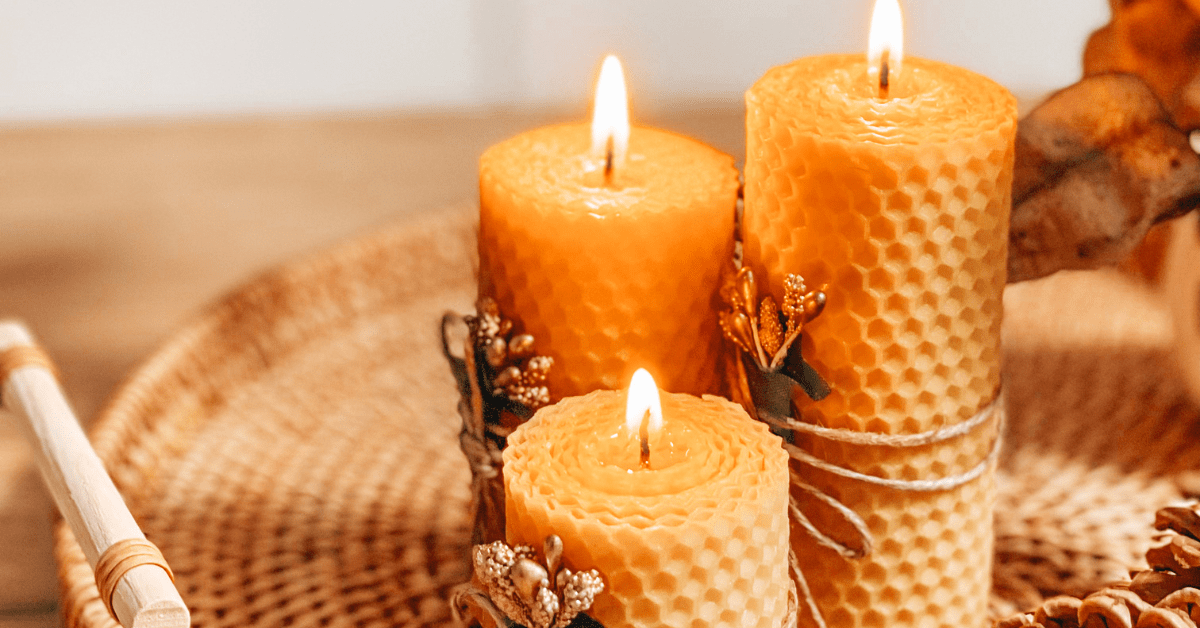 Orange candles on coffee table.