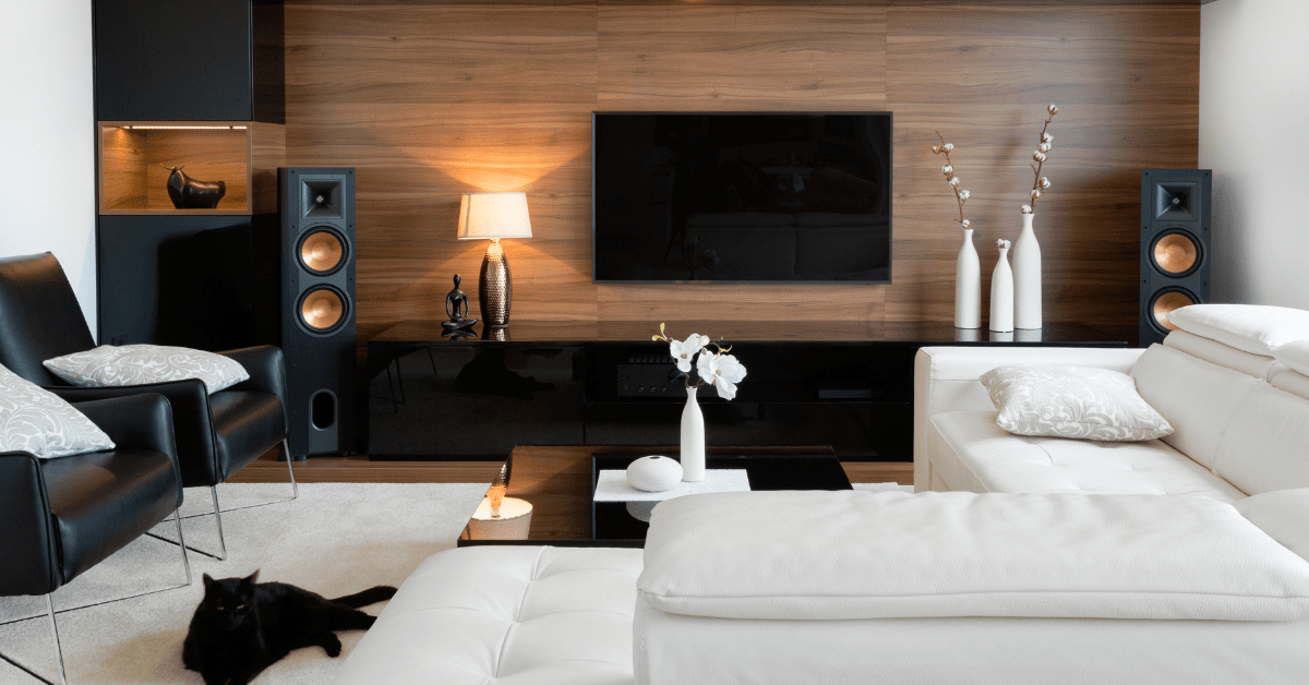 Living room designed around entertainment and TV.