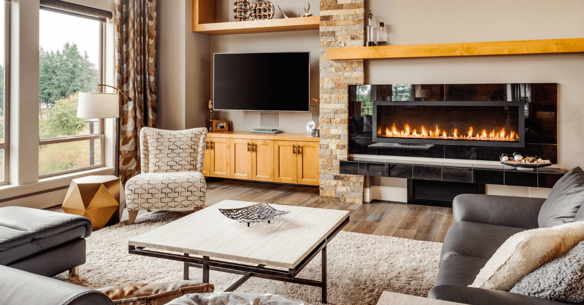 Modern living room with fireplace.