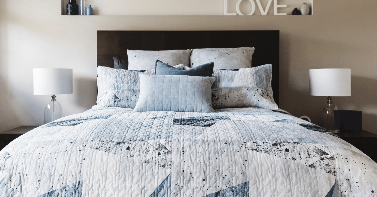 Blue and white bedding.