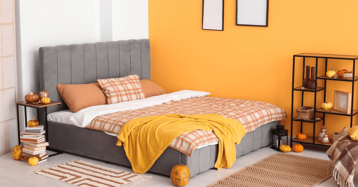 Orange-themed bedroom decor.