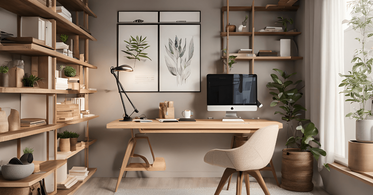 Simple and elegant home office with wooden desk.