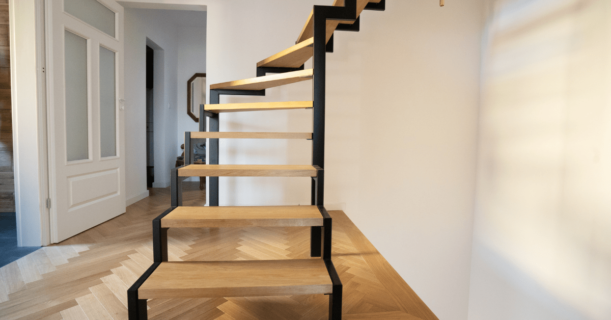 Metal and wood staircase.