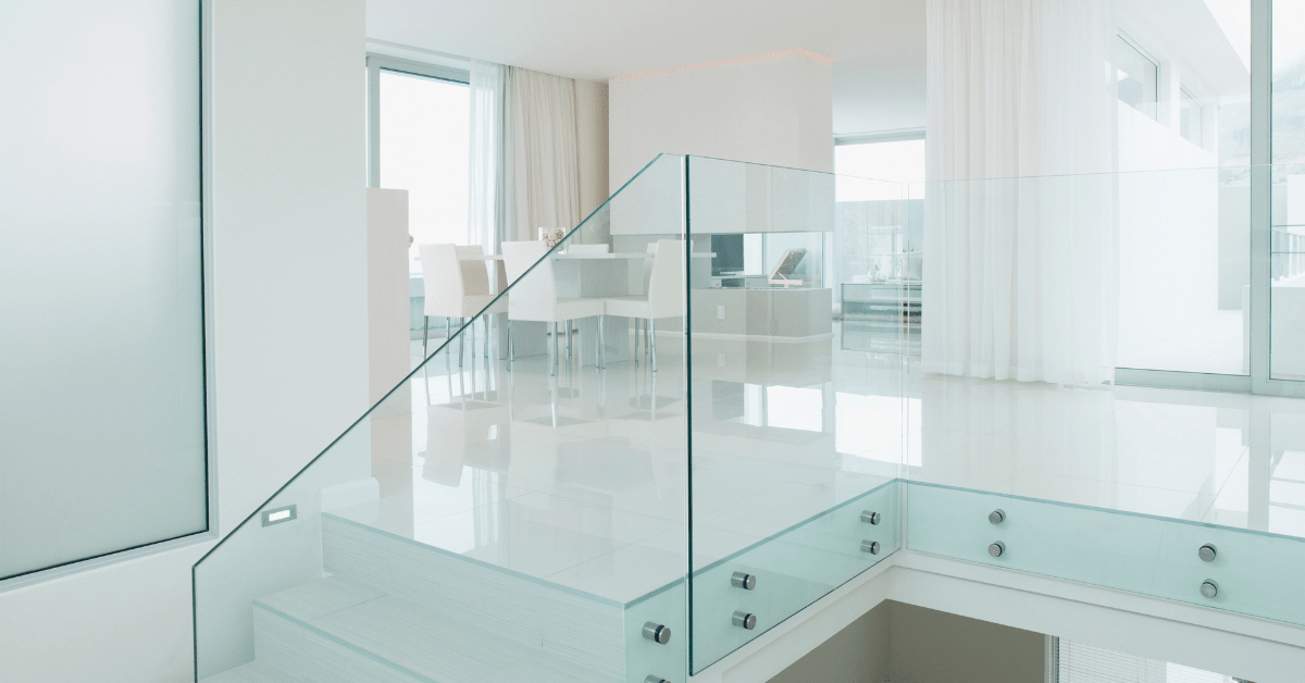 A glass railing in a modern home.